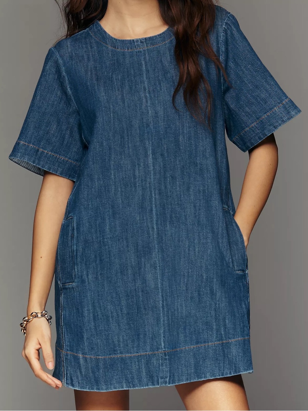 Anthropologie Maeve Emmy Short Sleeve Denim Swing Mini Dress Blue Large NWT